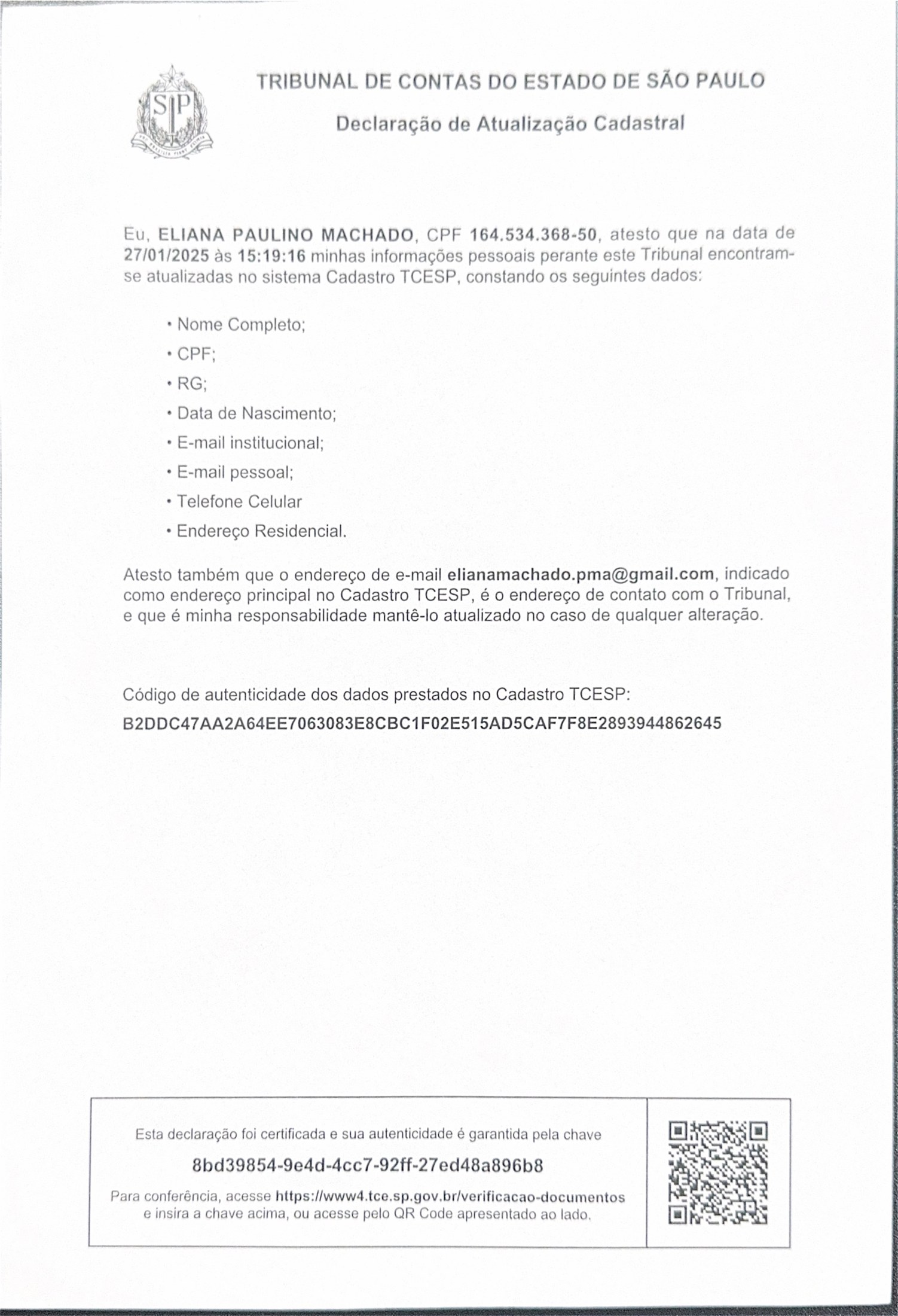 Declaração de atualização cadastral — página 1